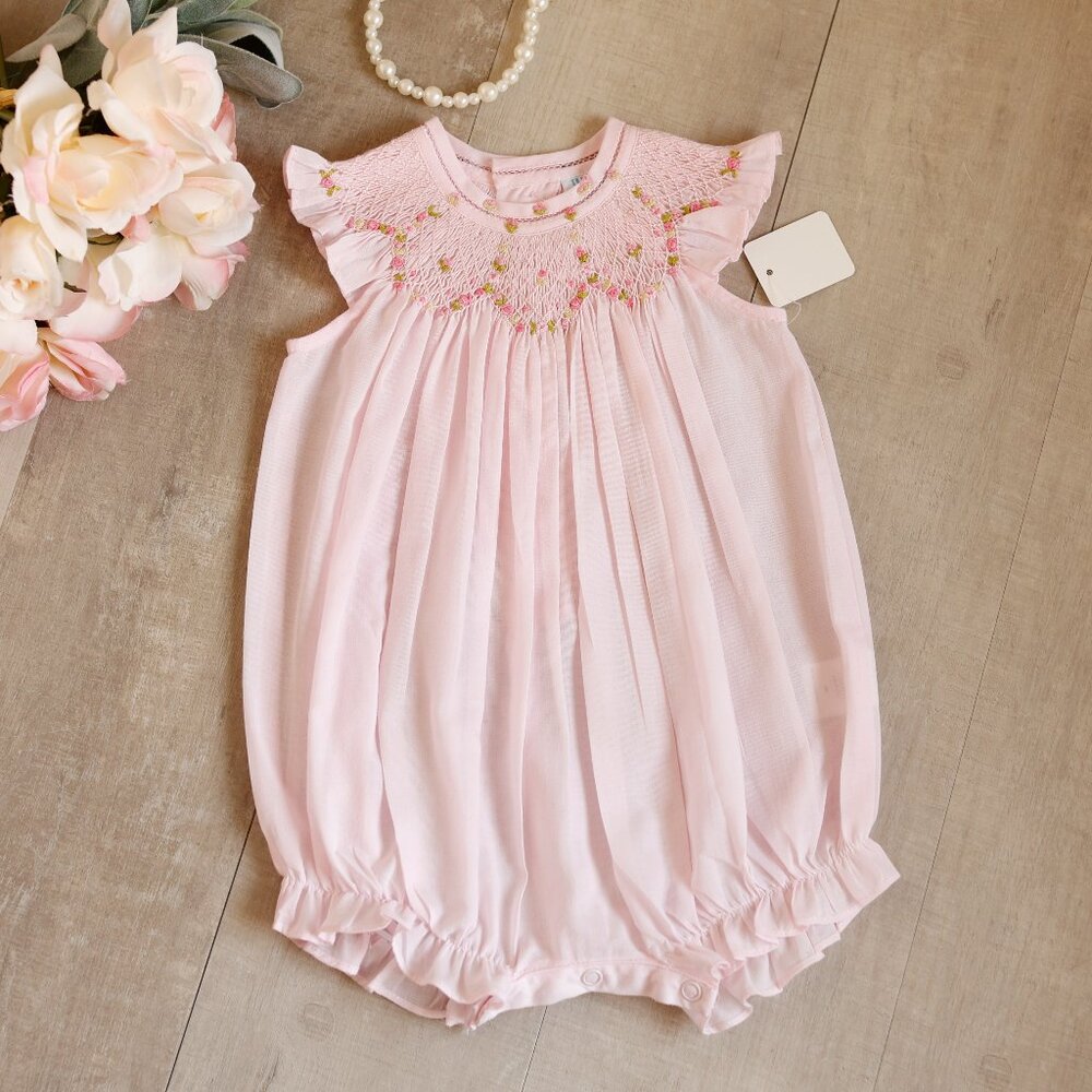 Pink Smocked Embroidered Romper Flutter Sleeve Luli & Me Boutique NWT 6 Months